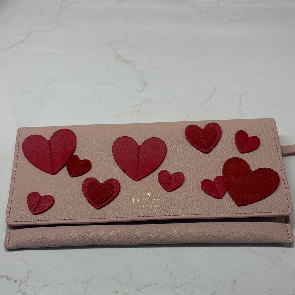 Kate Spade Pink Wallet/Clutch/Crossbody EUC with Red Heart Accents